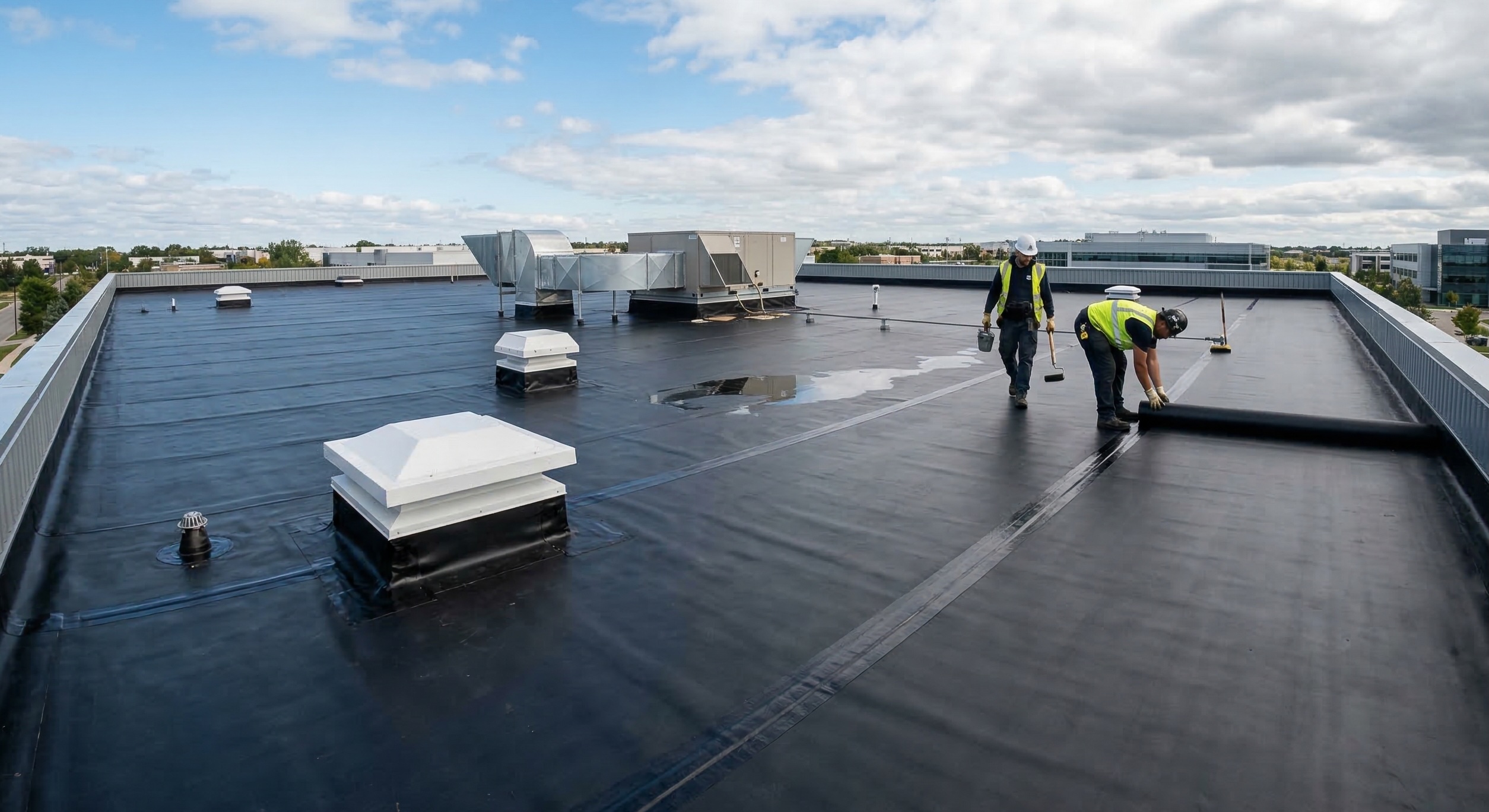 Modern building with EPDM rubber roofing system