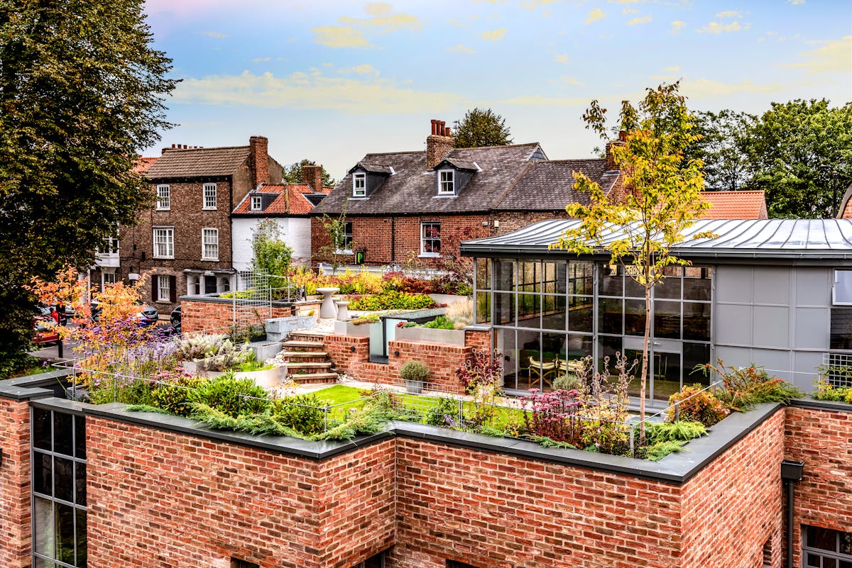 Aerial view of urban buildings with green roof potential
