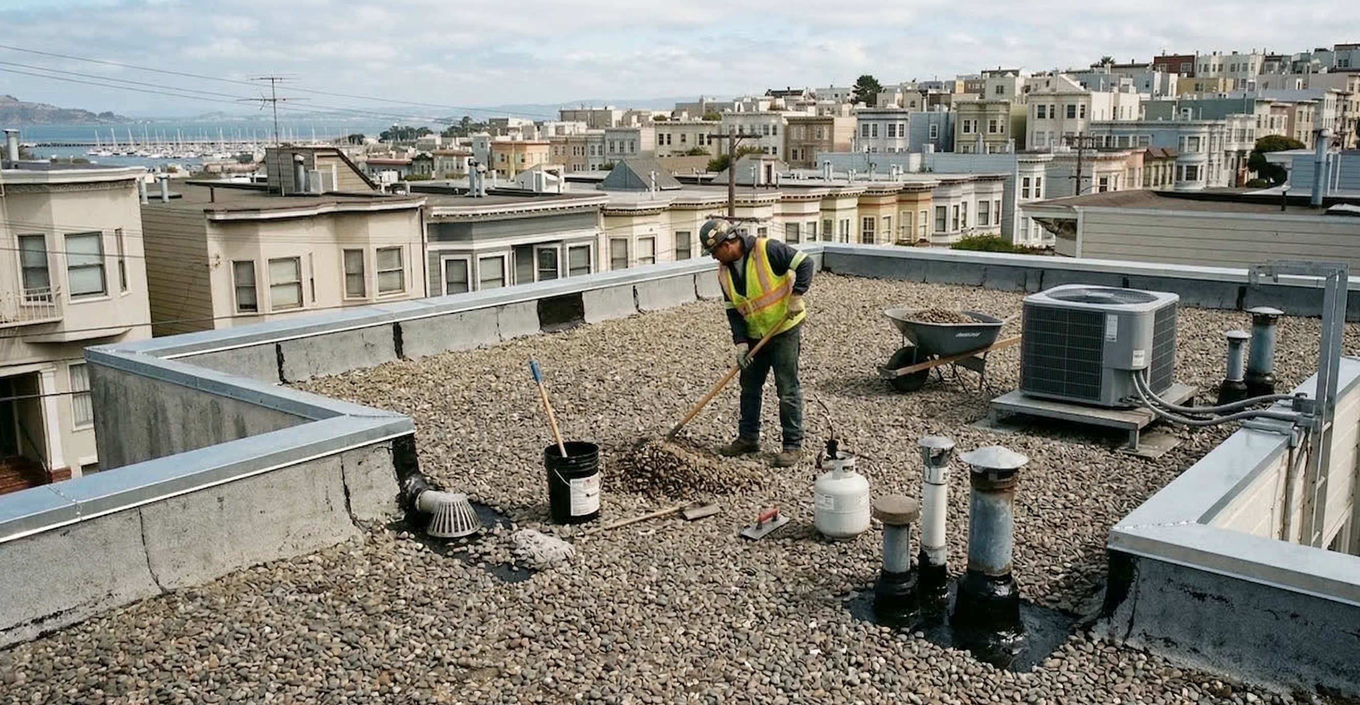Aerial view of commercial building with built-up tar and gravel roof