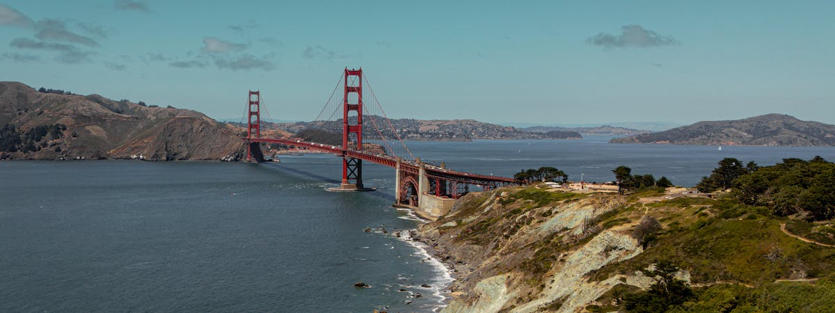 Aerial view of San Francisco Bay Area including the Golden Gate Bridge, Marin County, and surrounding service areas